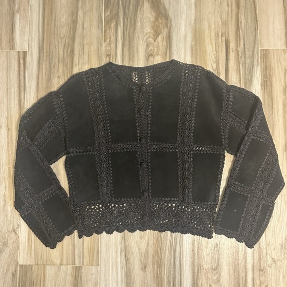 VTG Womens Leather Crochet Jacket Blouse‎ SZ S Sheer Lace Boho Gothic Cropped
